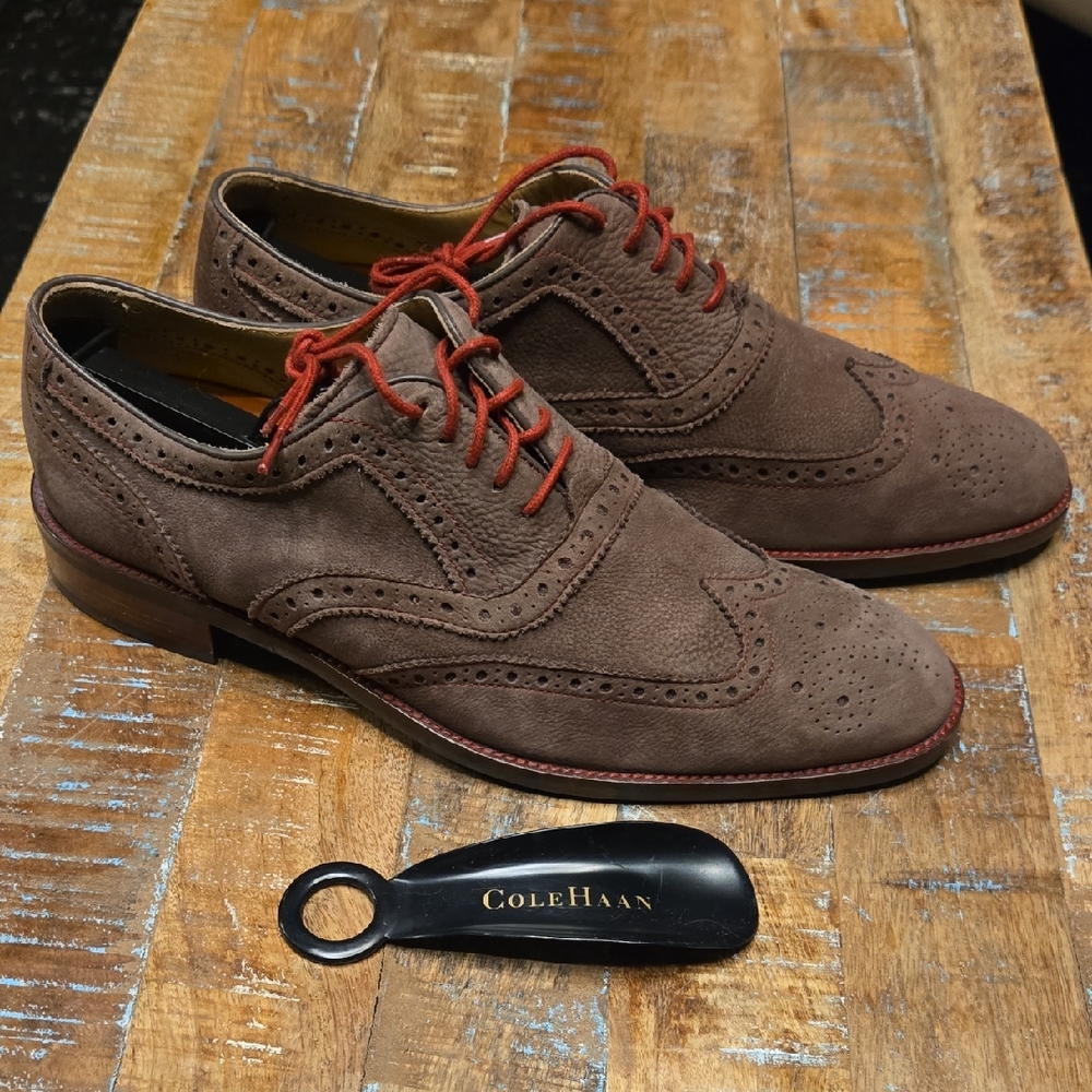 Cole Haan Men's Brown Suede Oxfords with Red Accents Grand OS SZ. 10